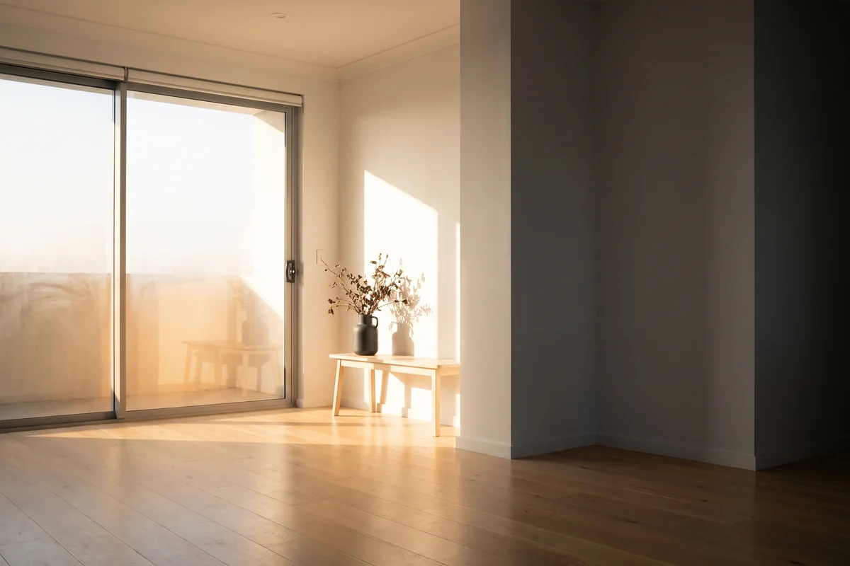 Afternoon sun on a large pane of glass in a Queensland apartment