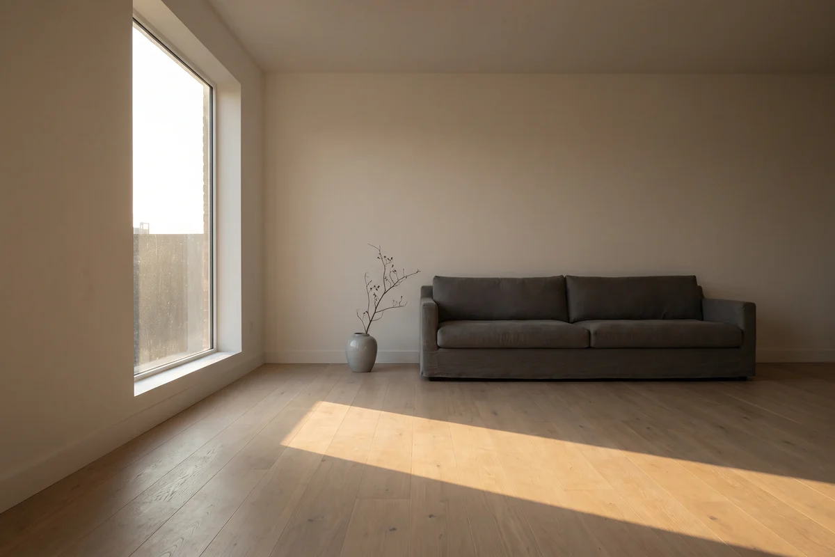 Afternoon sun landing on a large pane of glass inside a living room