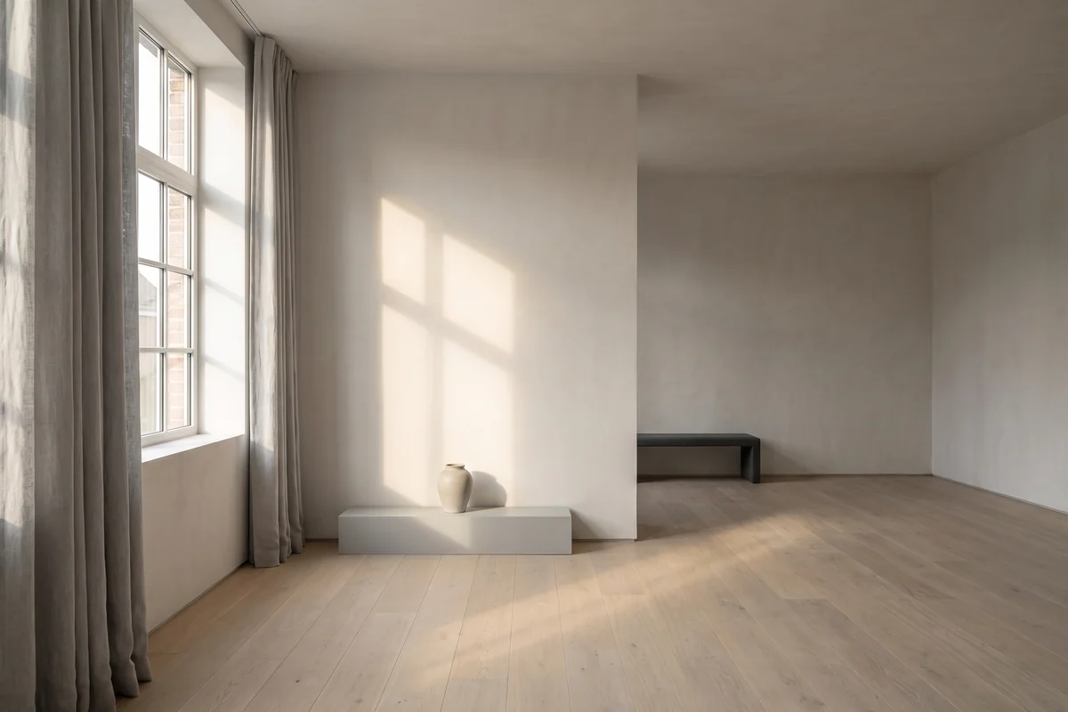 Strong sunlight falling through a large window into a room