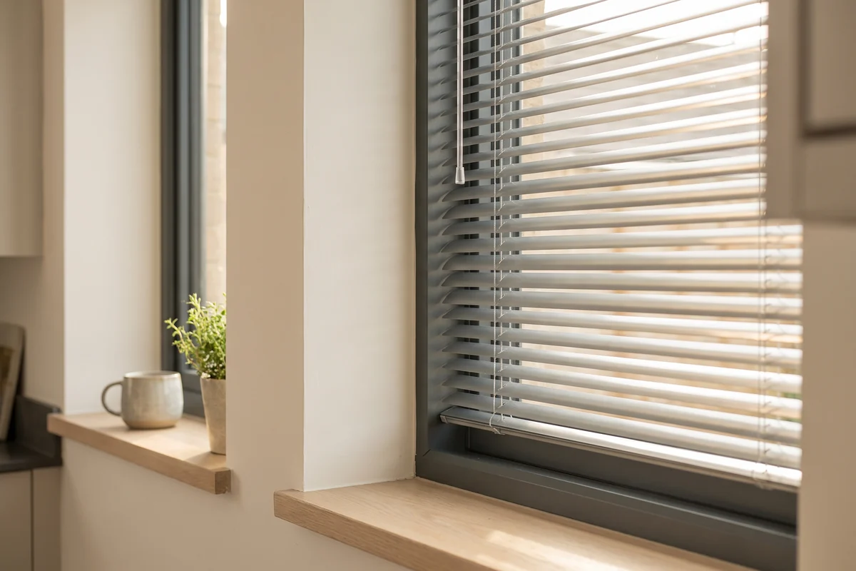 Aluminium venetian slats angled at a kitchen window