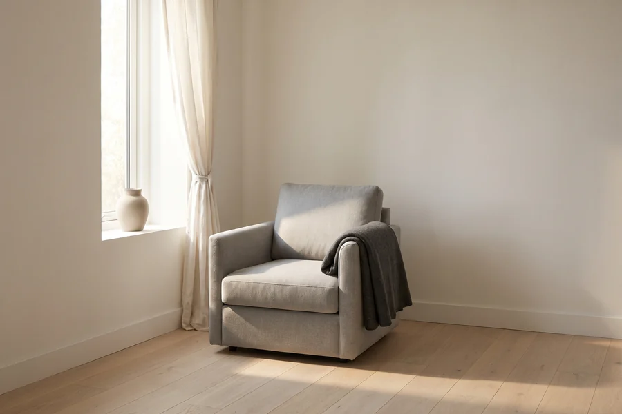Interior with a single armchair beside a curtained window
