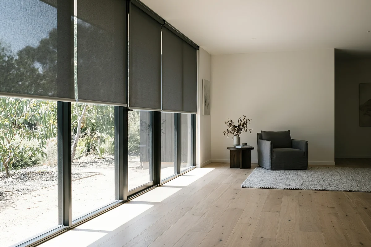 Australian living room with large windows in strong afternoon sun
