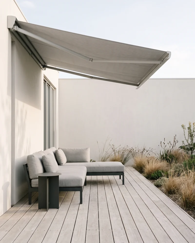 An awning extended over a timber deck
