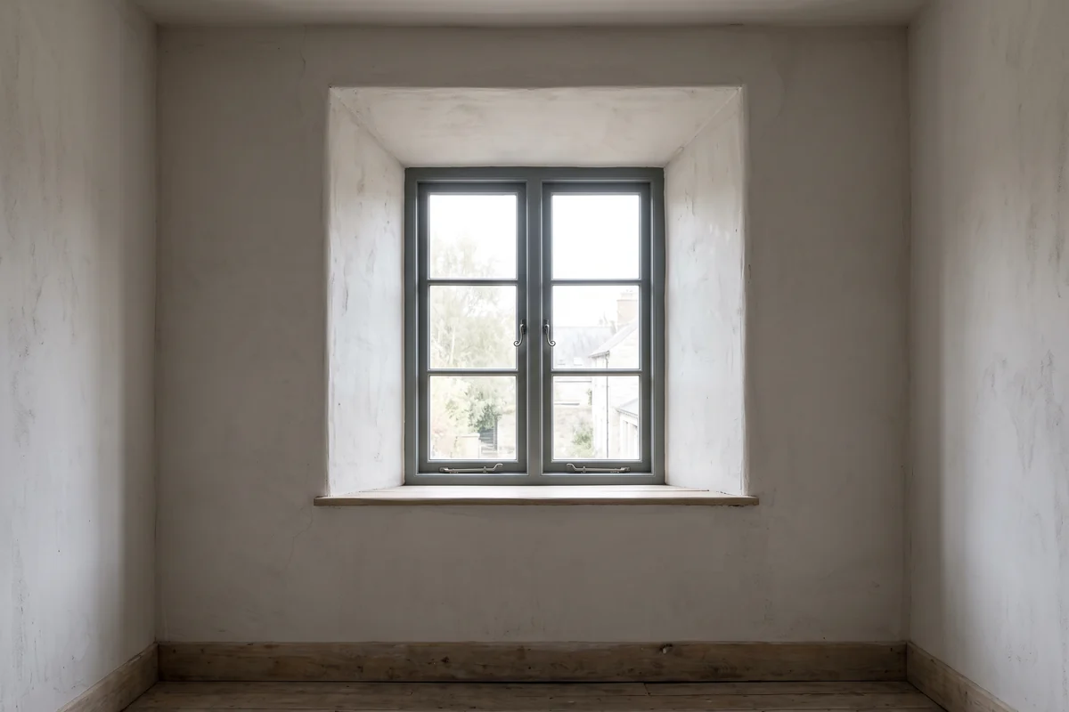 A deep window reveal with the wall above it clear for fixing