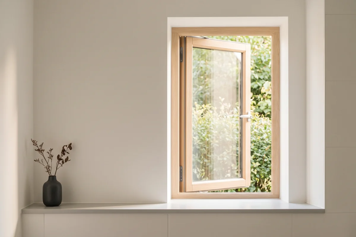 A small high bathroom window with obscure glazing