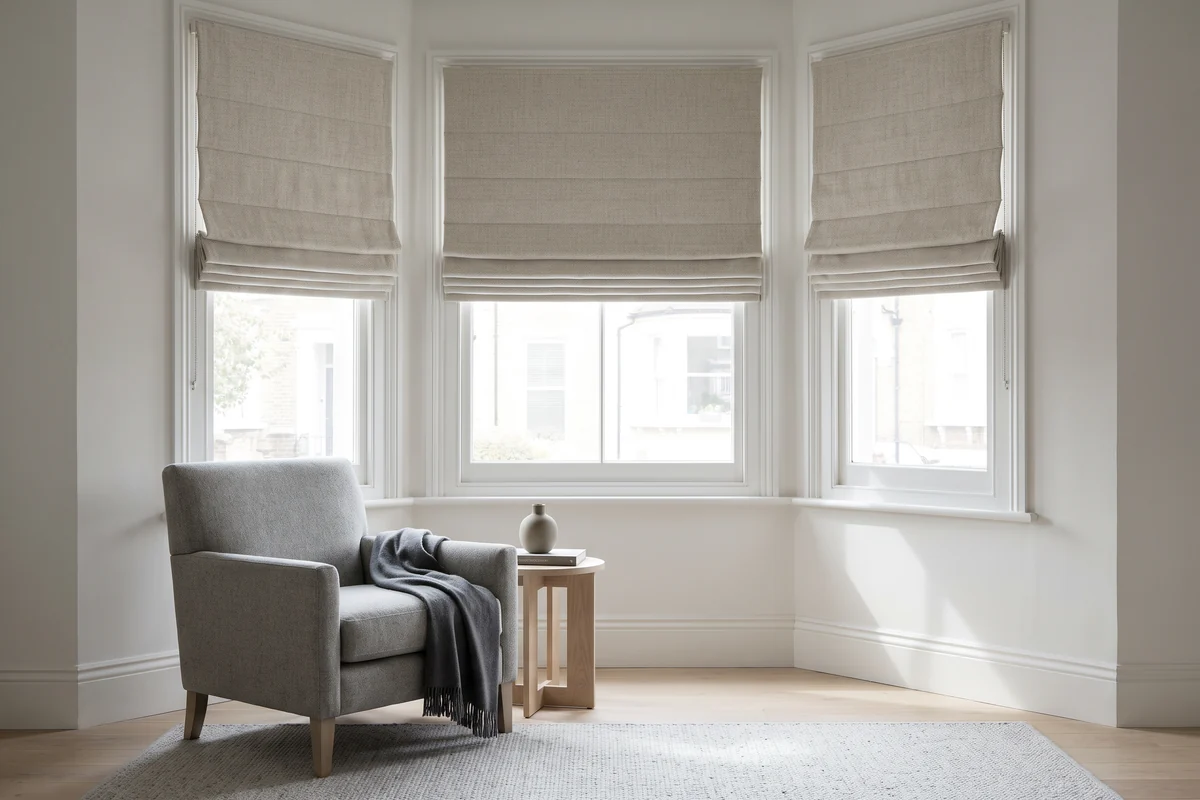 Roman blinds folded up in each pane of a bay window in a formal sitting room