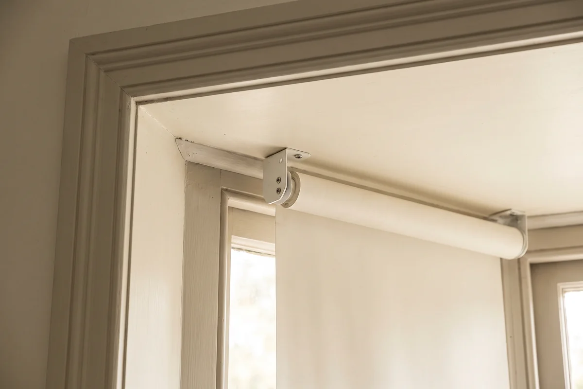 A roller blind bracket and tube fitted inside the top of a timber bay window reveal