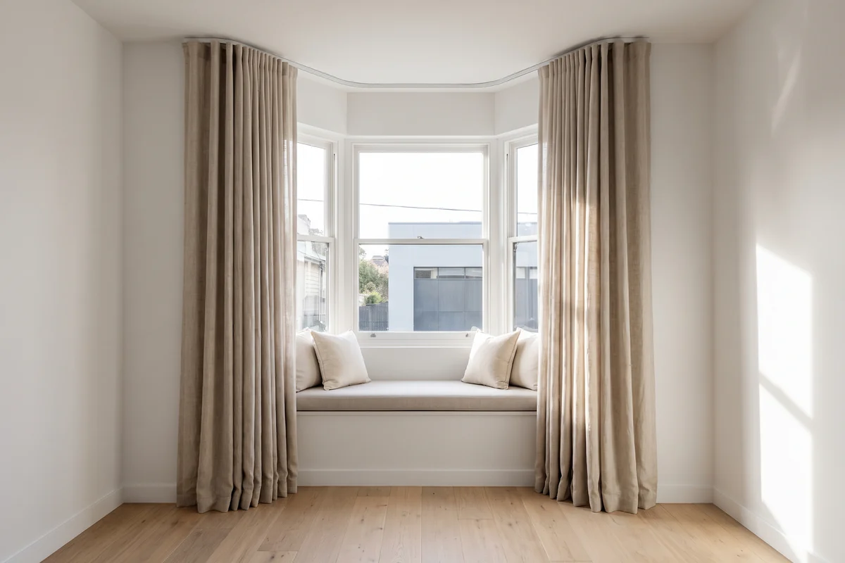 A bay window with a curtain track bent around all three facets, above a window seat