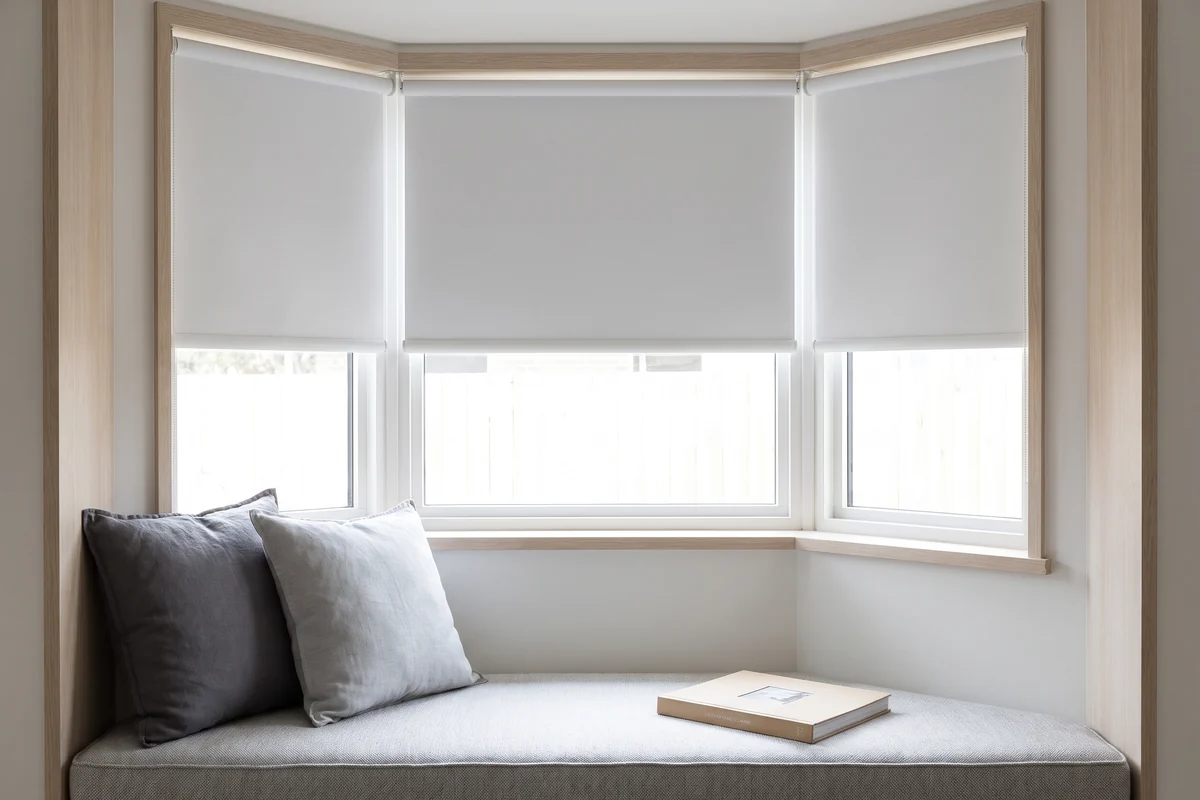 A cushioned window seat in a bay with cordless roller blinds lowered in every pane