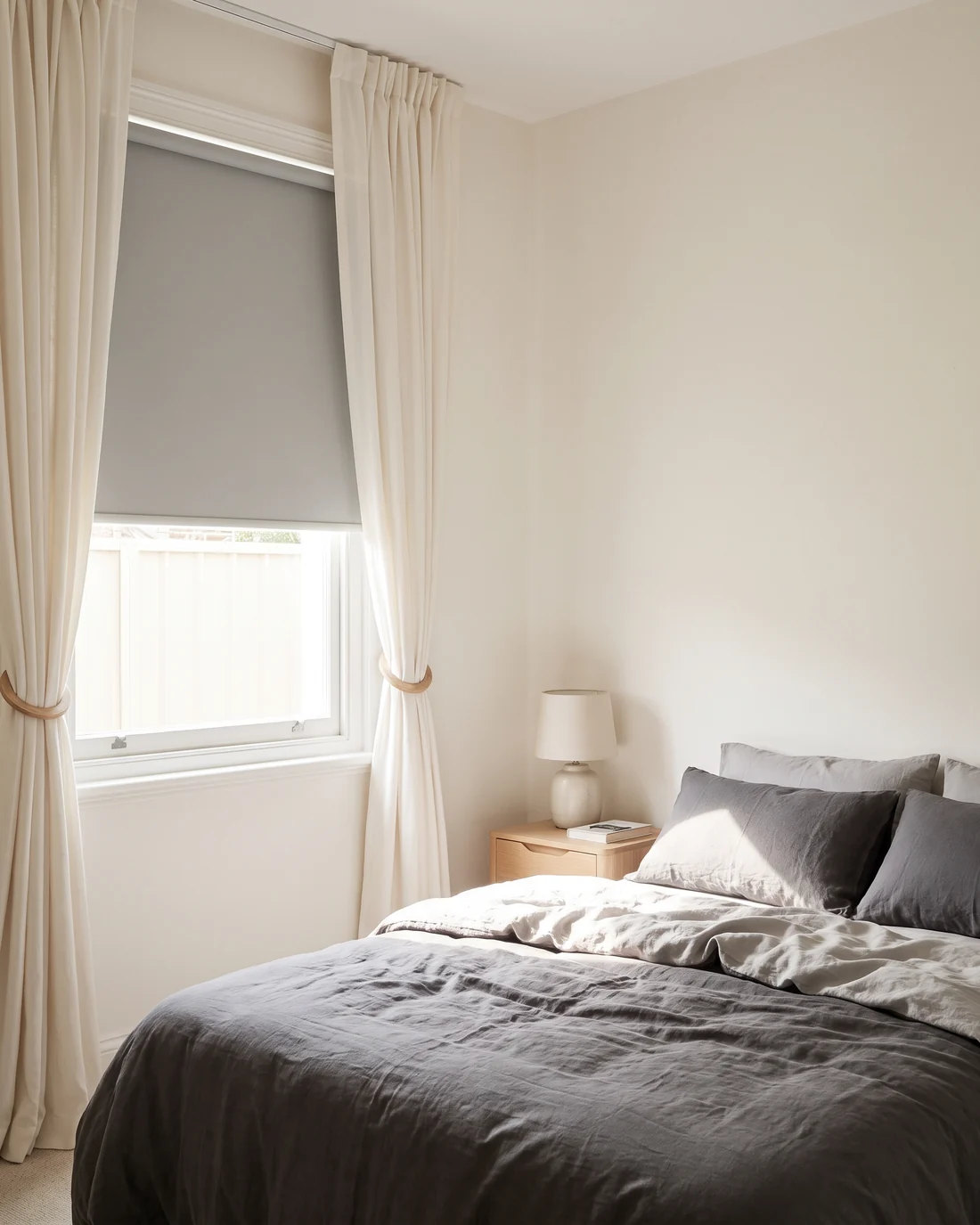 Bedroom fitted with blockout blinds and layered curtains