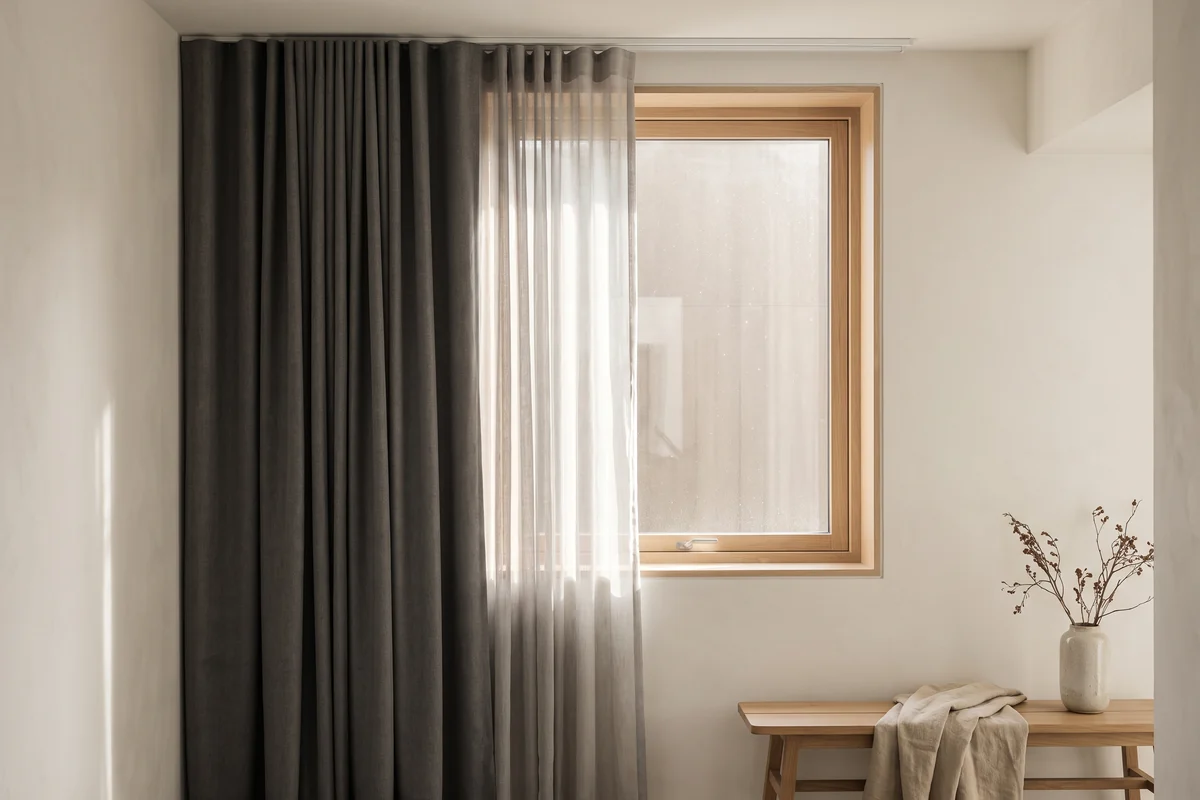 Bedroom window layered with sheer curtains behind and blockout curtains in front