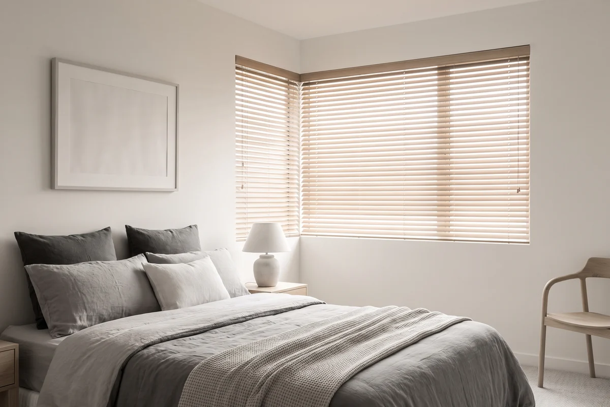 Bedroom with wide venetian blinds across a corner window