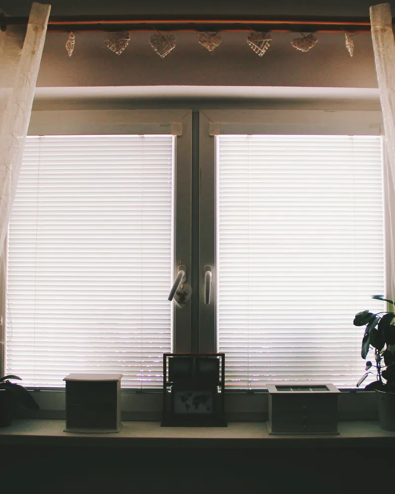 A bedroom window with a blind behind the curtains