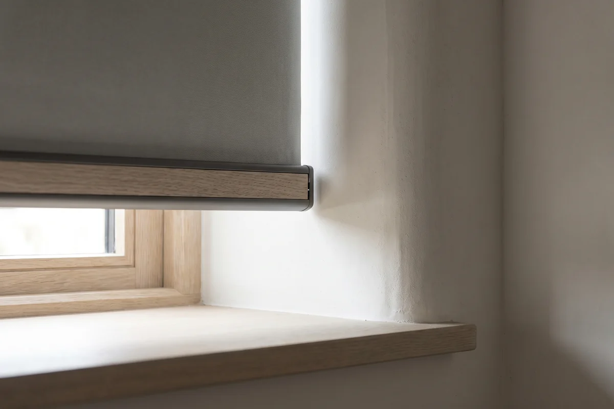The bottom rail of a blind hanging close to an open window frame