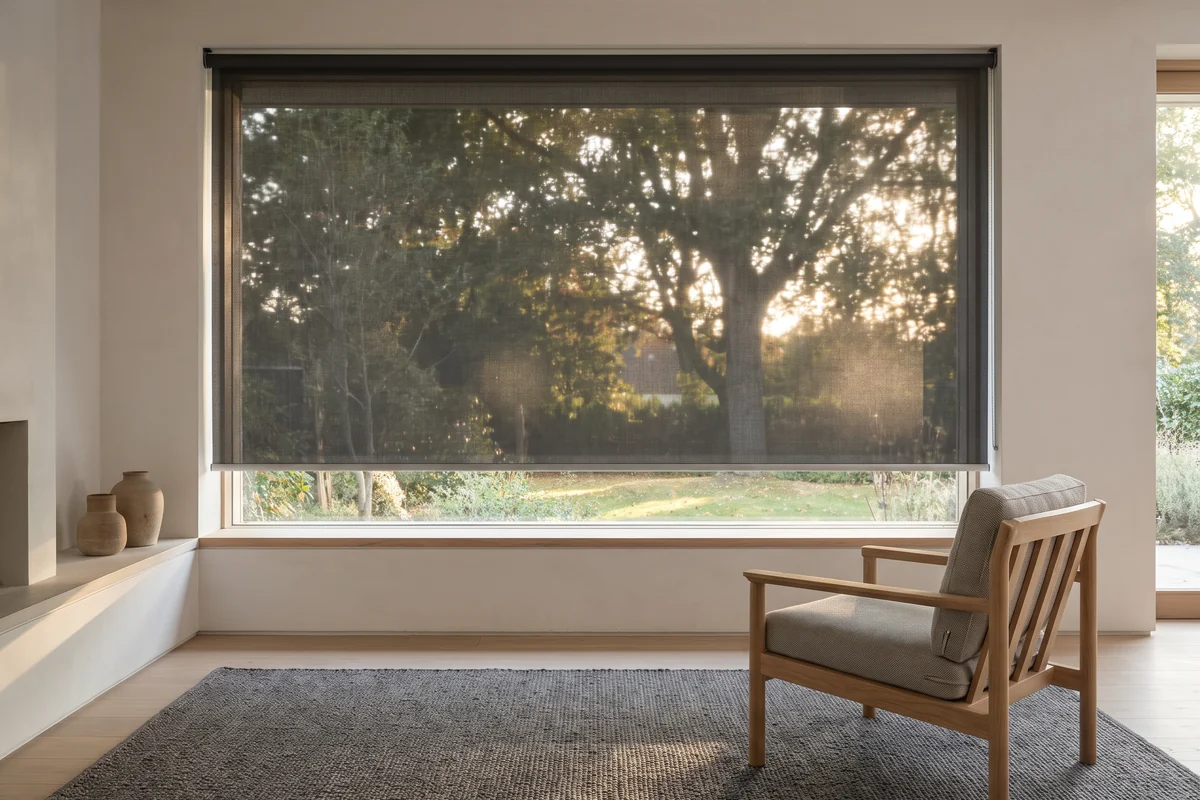 A dark sunscreen roller blind lowered over a west window with the garden visible through the weave