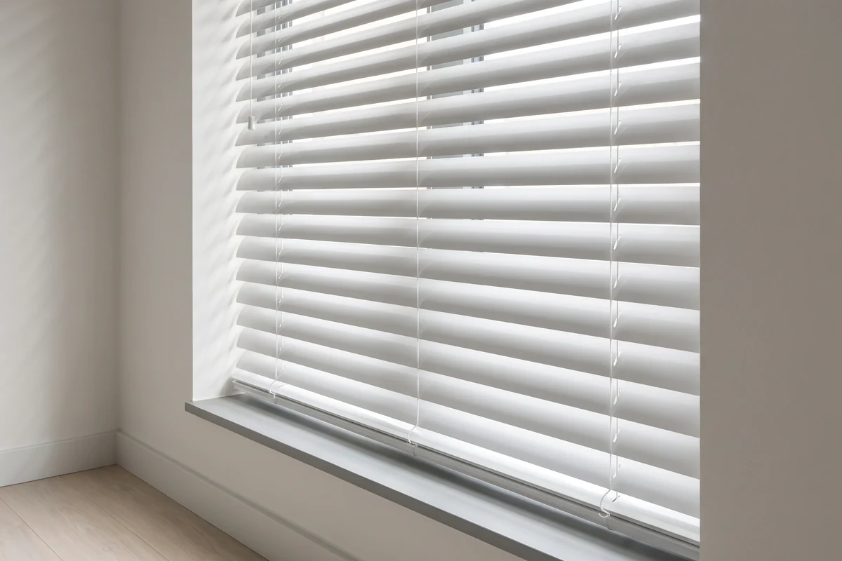 Close view of white aluminium venetian slats with the ladder cord running down each row