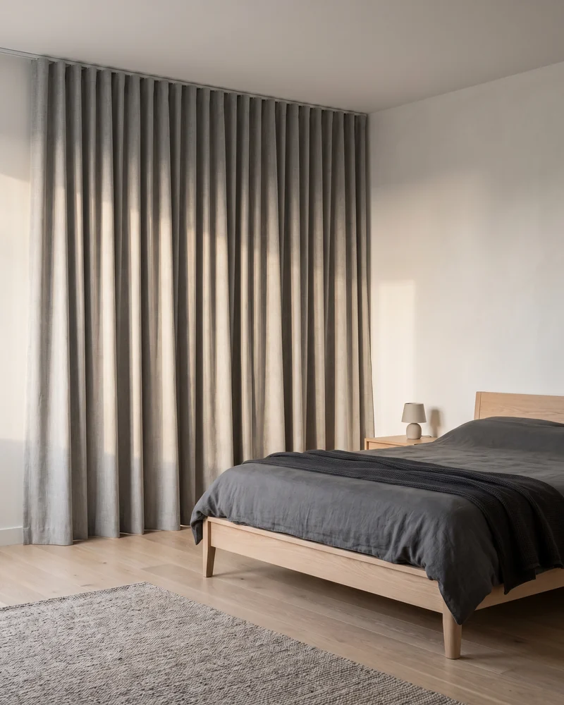 Blockout curtains closed across a master bedroom window