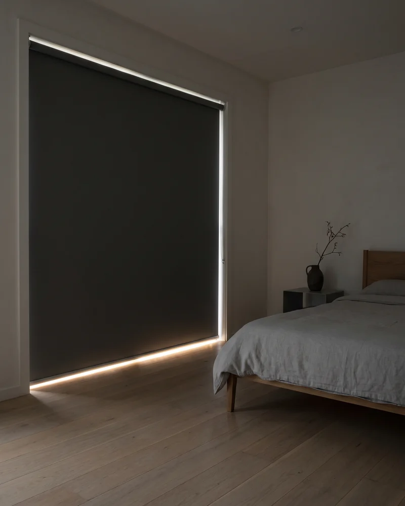 A blockout roller blind lowered across a bedroom window
