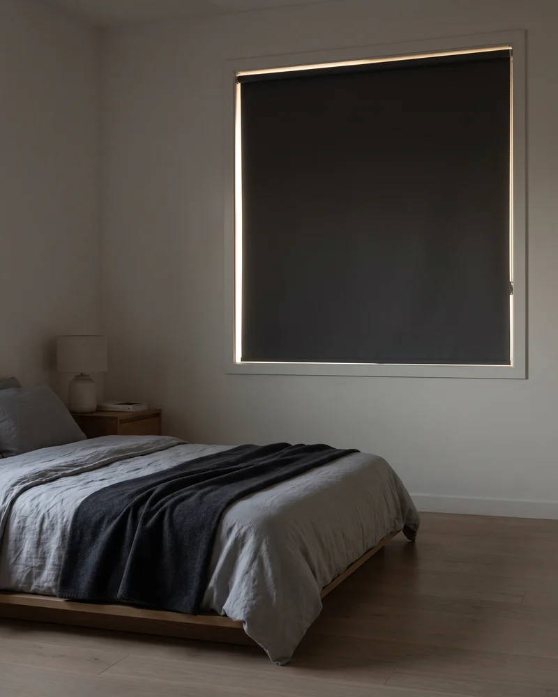 Blockout roller blind fully lowered in a darkened bedroom, light escaping down each edge