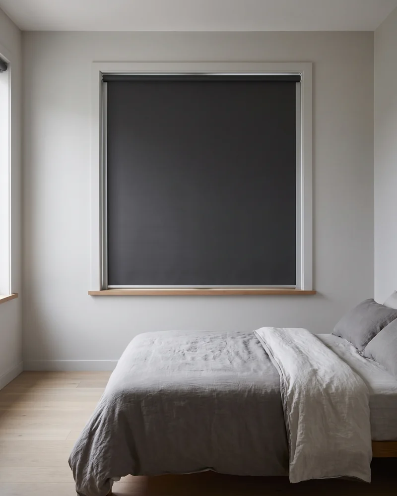 Blockout roller blind running between aluminium side channels either side of the window