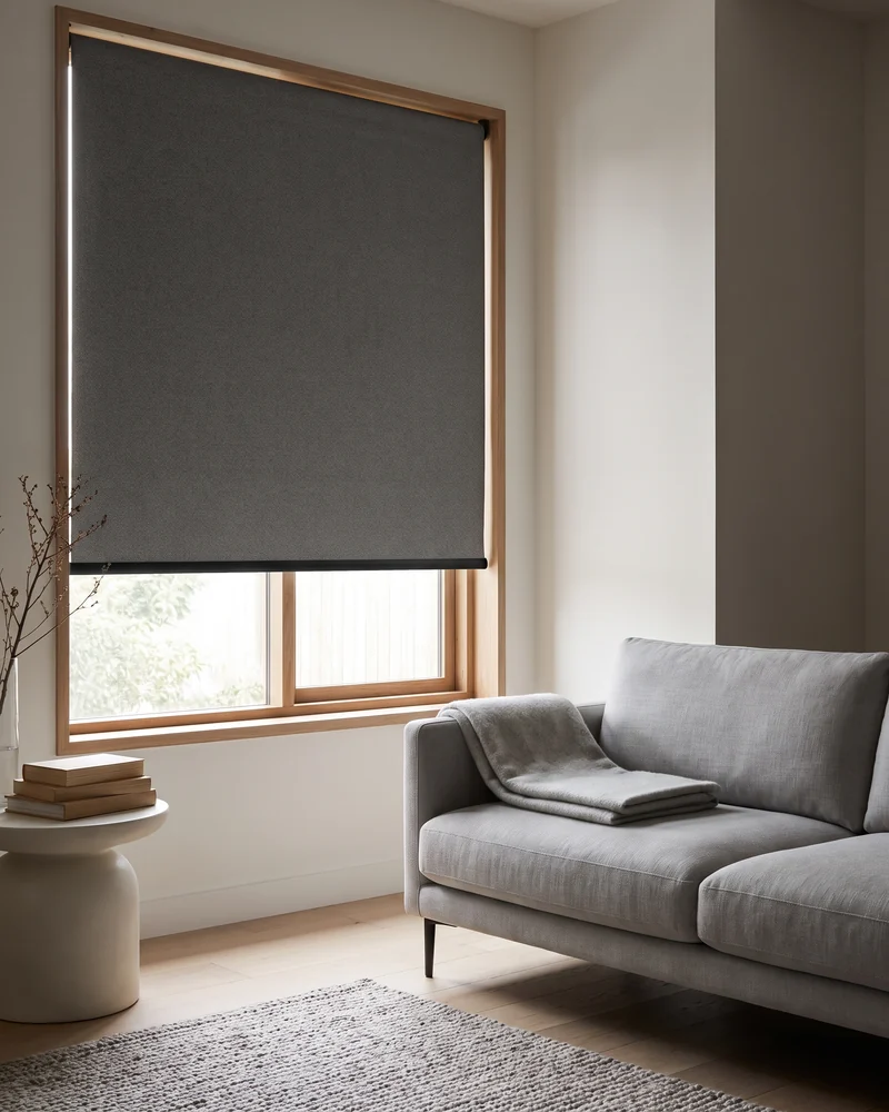 Blockout roller blinds fitted to a living room window