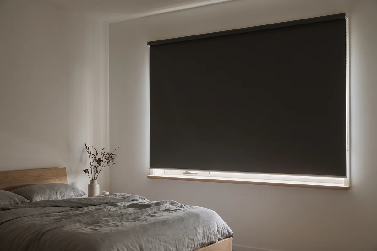 A blockout roller blind mounted outside the reveal in a bedroom, the fabric running wider than the glass
