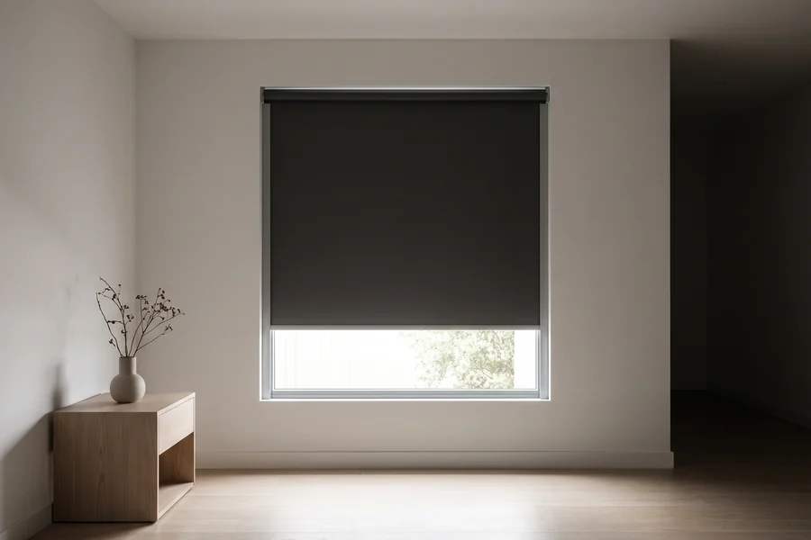 A blockout roller blind lowered in side tracks across a bedroom window