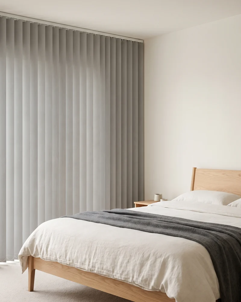 Blockout vertical blinds closed across a bedroom window