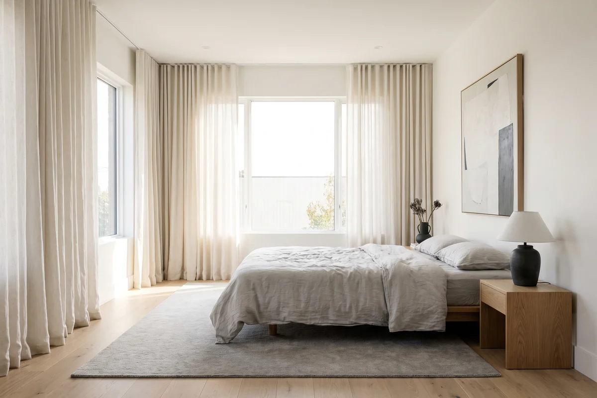 Bright bedroom with full-length curtains framing the window
