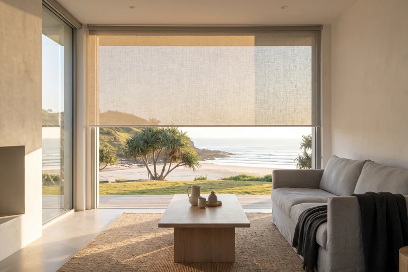 Sunscreen blind lowered against low morning sun over a Burleigh headland