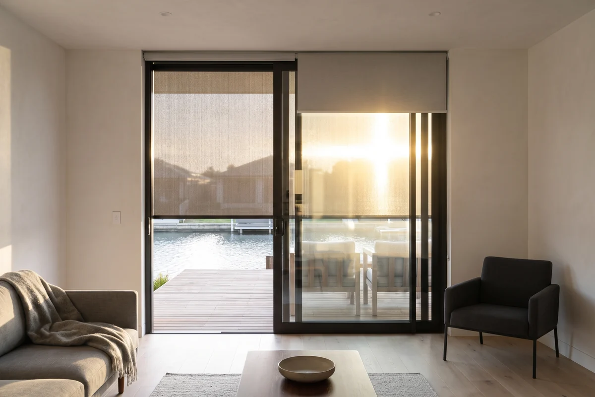 West-facing sliding door onto a canal deck with a blind half lowered against low afternoon sun