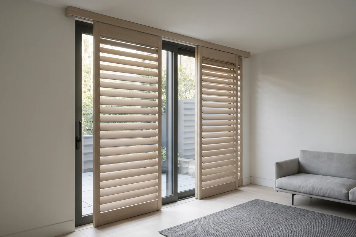 Two louvred shutter panels on a head track sliding sideways across a glass sliding door