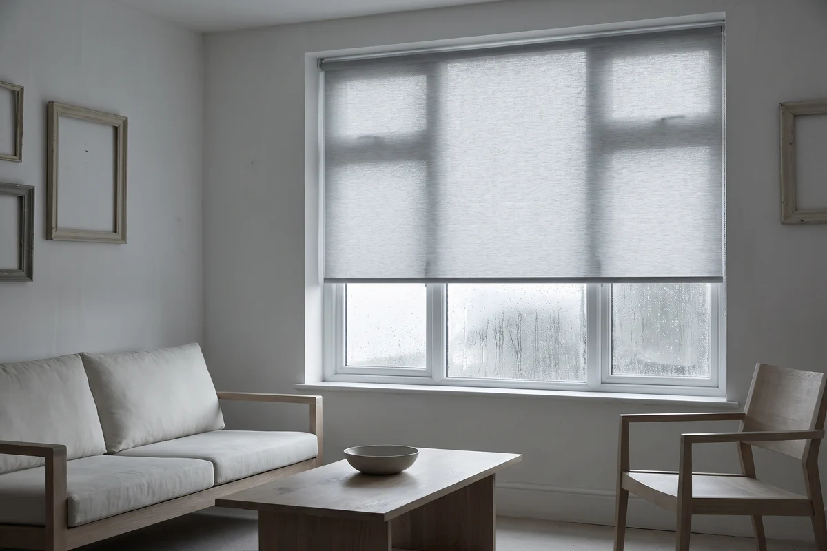 A closed-up coastal house in the rain with every blind lowered and the room left still