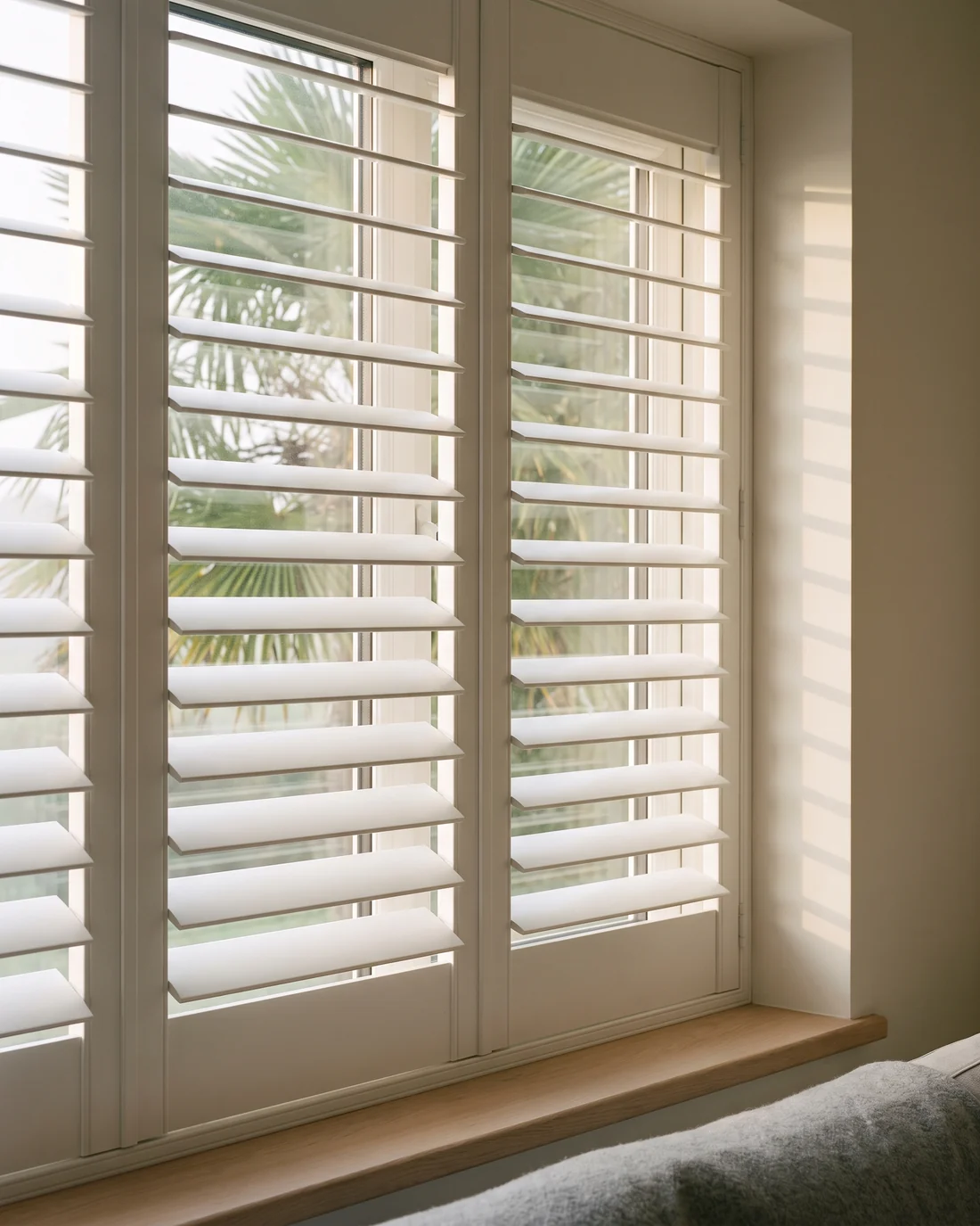 Polymer shutter louvres angled open in soft humid morning light, a palm outside