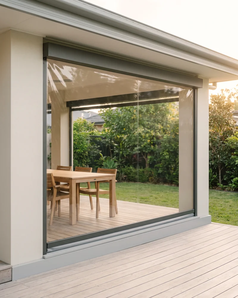 A clear PVC caf&eacute; blind running in side tracks across an alfresco opening