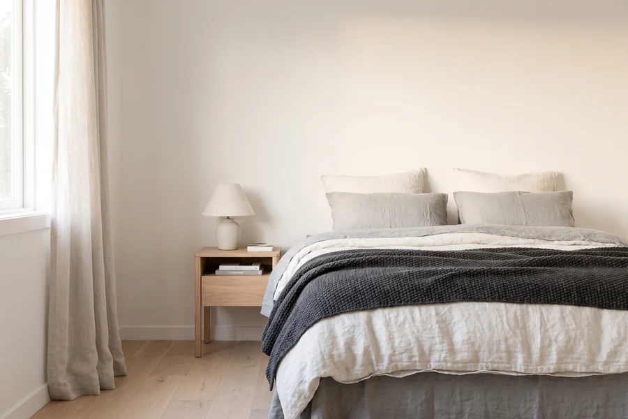 Calm bedroom corner with textured furnishings