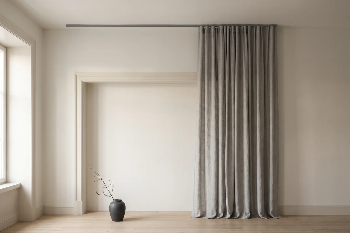 A curtain track fixed to the ceiling well above the window head, with fabric running the full wall height