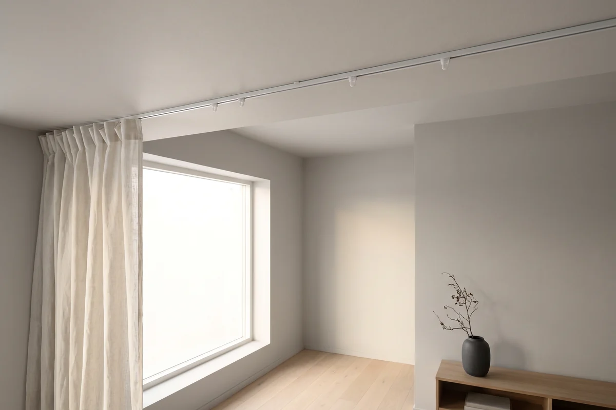 A curtain track fixed to the ceiling above a window opening
