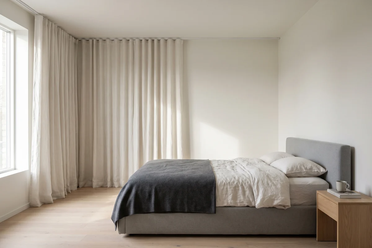 Floor-length curtains hung close to the ceiling to make a bedroom window look taller