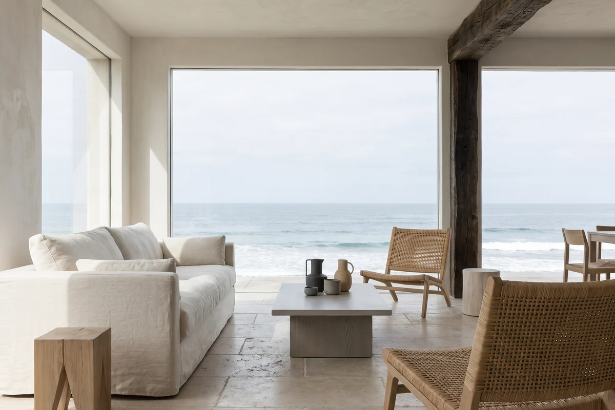 Coastal living room with floor-to-ceiling glass looking out to the ocean