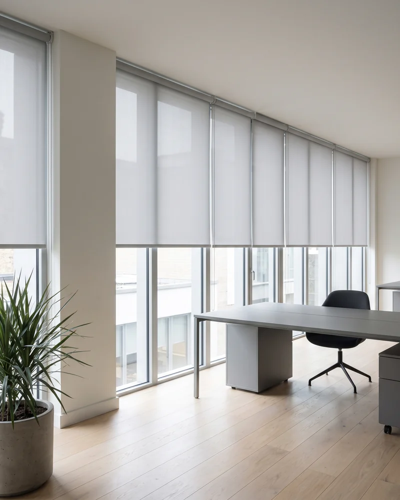 A run of sunscreen roller blinds fitted across a commercial glazed frontage