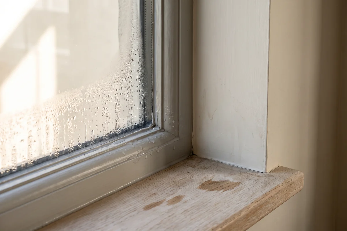 A bathroom window opened for ventilation with daylight coming in