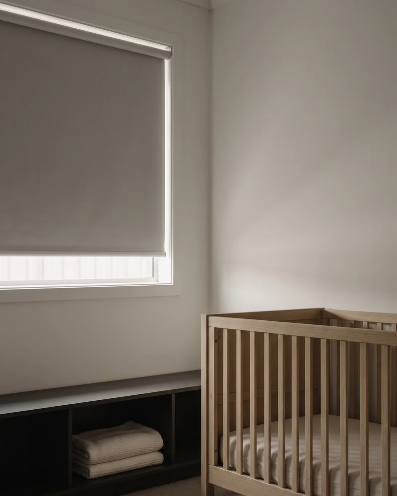Blockout blinds in a nursery, fitted cordless for child safety