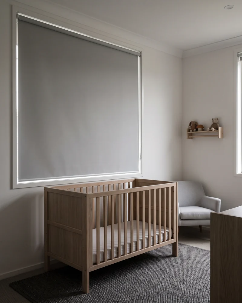Cordless blockout roller blind in a nursery
