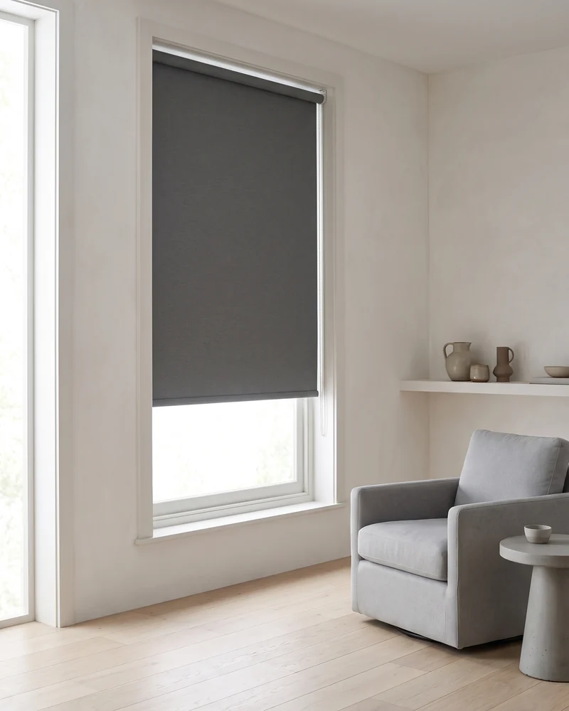 Motorised blockout roller blind in a contemporary living room