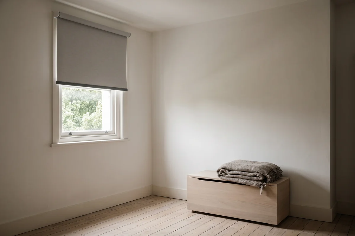 A cordless roller blind with a plain bottom rail and no hanging cords or chains