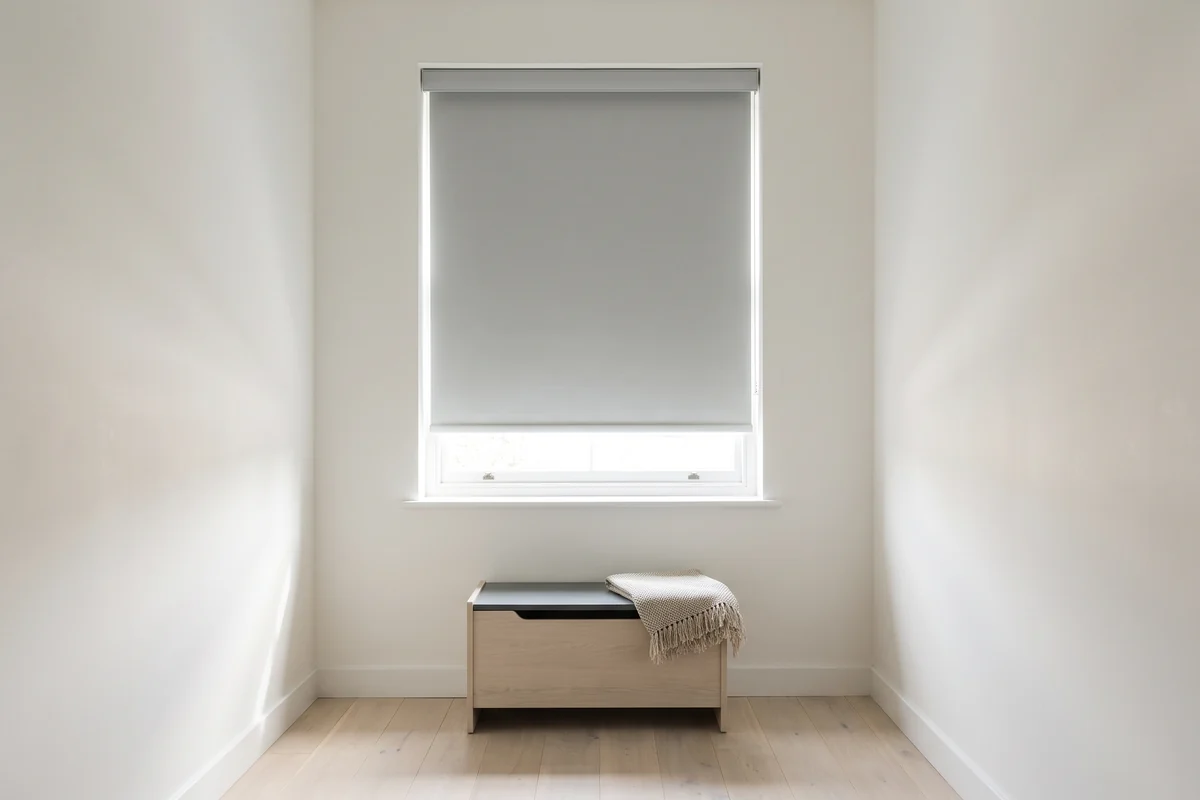 A cordless roller blind lowered over a bedroom window, with no cord, chain or cleat anywhere beside it