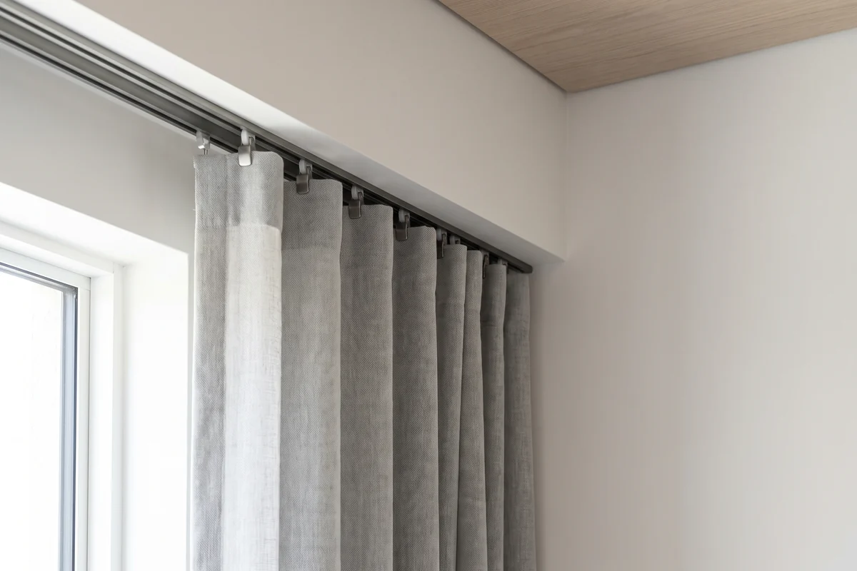 The heading of a curtain gathered onto a track, showing the fold pattern