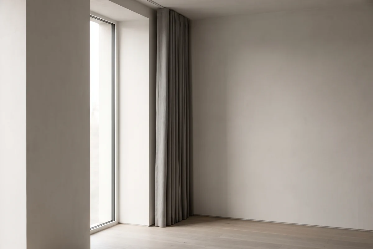 A full-height curtain stacked back onto the wall beside a tall window, leaving the glass clear