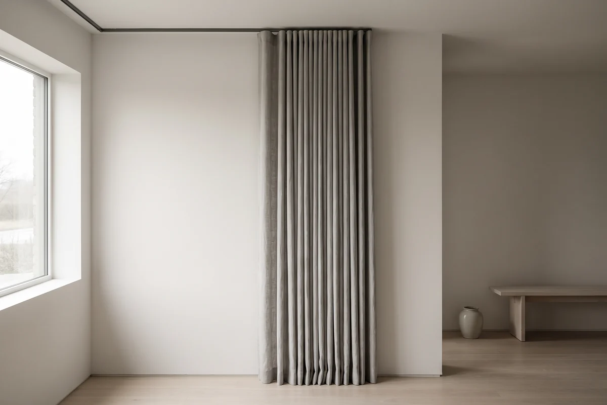 A rigid holdback fixed to the wall beside a window with the curtain tucked behind it
